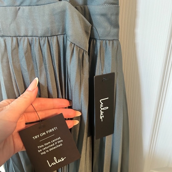 Lulus Ultimate Charm Dark Sage Grey Satin Pleated High-low Maxi Dress - Size L - Picture 7 of 8